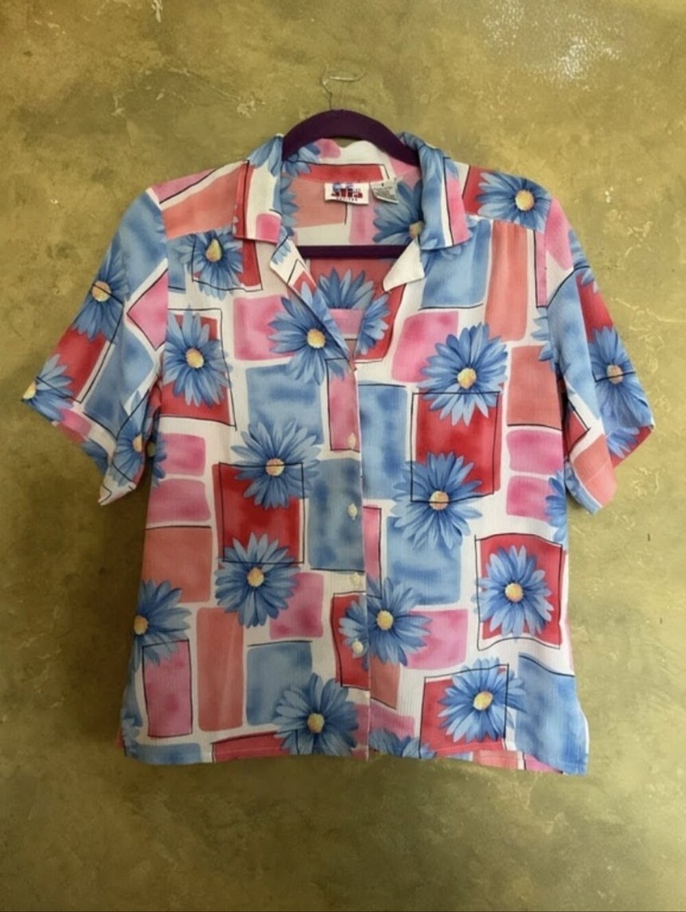Vintage 90s Alia Abstract Daisy Print Button Down Short Sleeve Blouse M L